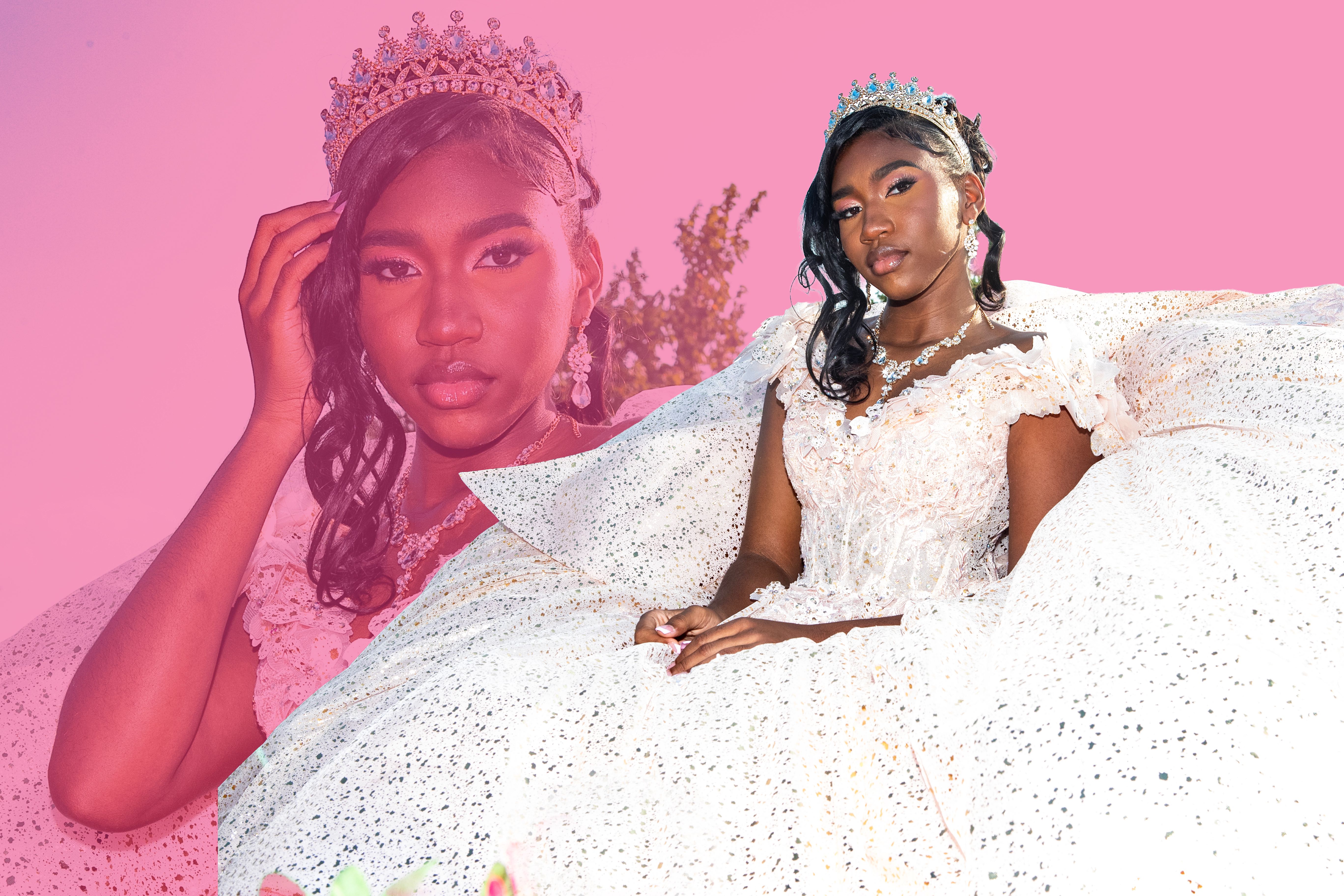 Editorial double exposure of a young woman in a crystal tiara and white sparkle ball gown on a pink background